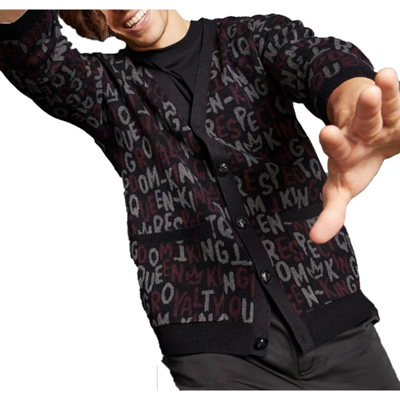 Royalty By Maluma Mens V Neck Letters Cardigan Sweater Cardigan Knitwear Sweater