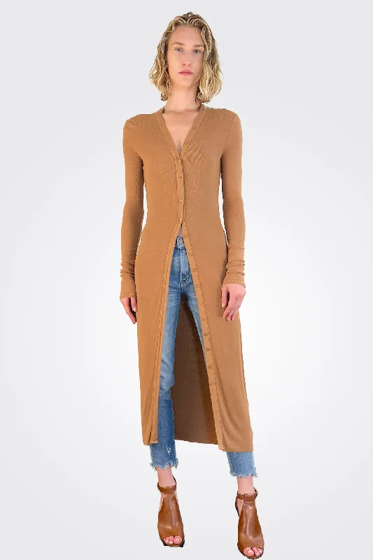 Silk Rib Long Sleeve Cardigan Midi Dress - Bronze Layered Multi-layer Single Layer