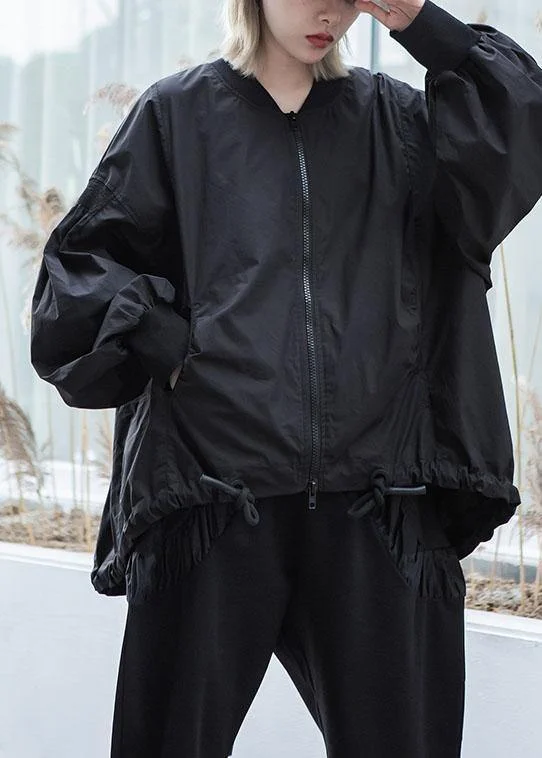 Simple drawstring hem fine Long coats black oversized outwear fall Cropped Tweed Jacket