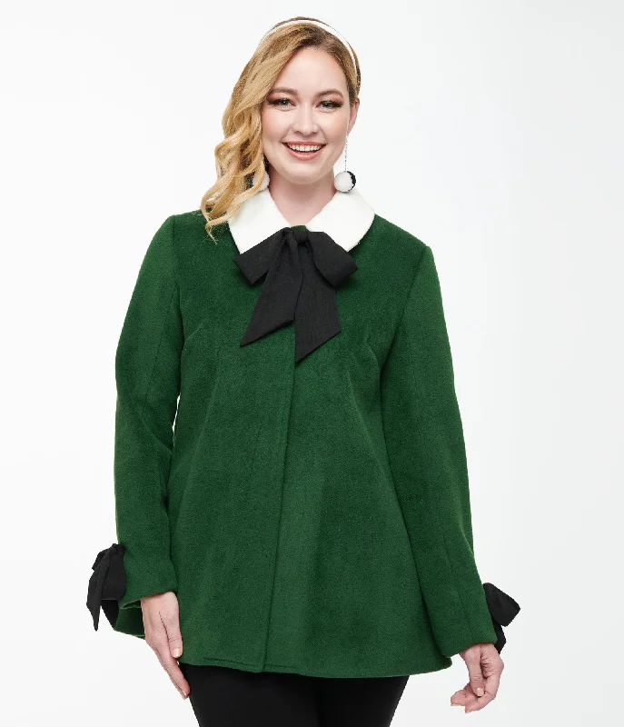 Smak Parlour 1960s Green & Black Bows Topper Coat Fur-Trimmed Winter Coat
