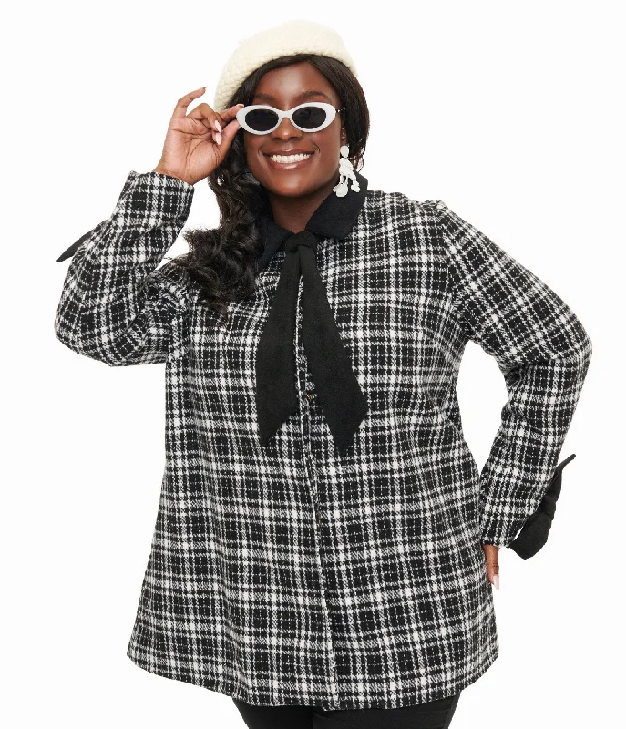 Smak Parlour Black & White Plaid Bows Topper Coat Drape Front Waterfall Coat