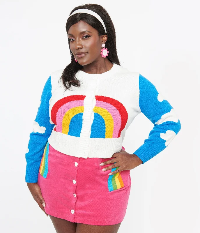 Smak Parlour Plus Size 1960s Blue & Rainbow Clouds Cardigan Handmade Hand-knitted Hand-woven Smak Parlour Plus Size 1960s Blue & Rainbow Clouds Cardigan Handmade Hand-knitted Hand-woven