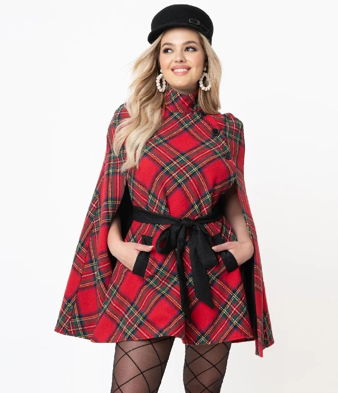 Smak Parlour Red Plaid Savile Row Cape Coat Cozy Knitted Poncho