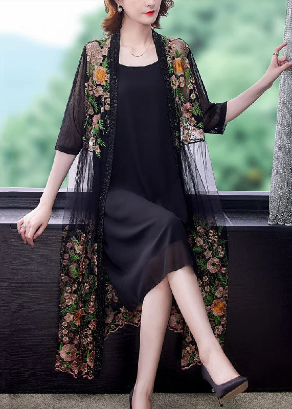 Style Black Embroideried Patchwork False Two Pieces Tulle Cardigans Dresses Summer Toggled Drawstring Belted Style Black Embroideried Patchwork False Two Pieces Tulle Cardigans Dresses Summer Toggled Drawstring Belted