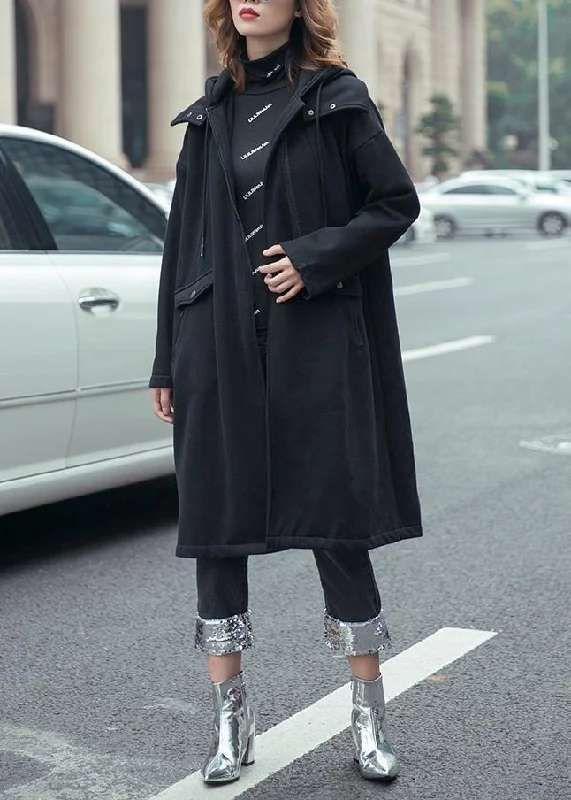 Style black fine coats women hooded drawstring fall outwear Waterproof Rain Jacket