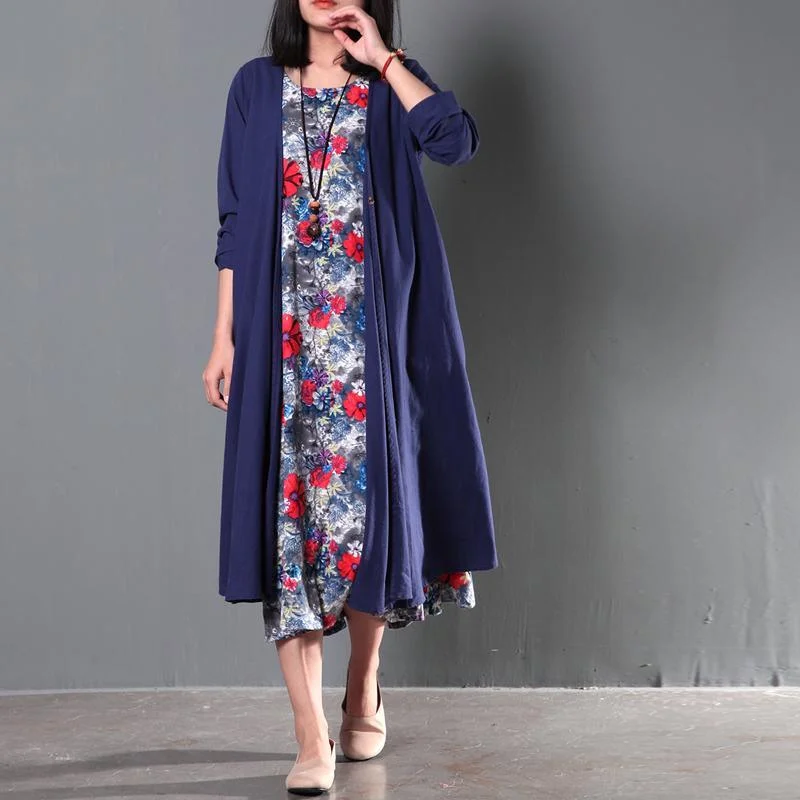 Two pieces Navy coat cardigan and floral sundress summer linen clothing Hooded Caped Shawl Collar Two pieces Navy coat cardigan and floral sundress summer linen clothing Hooded Caped Shawl Collar