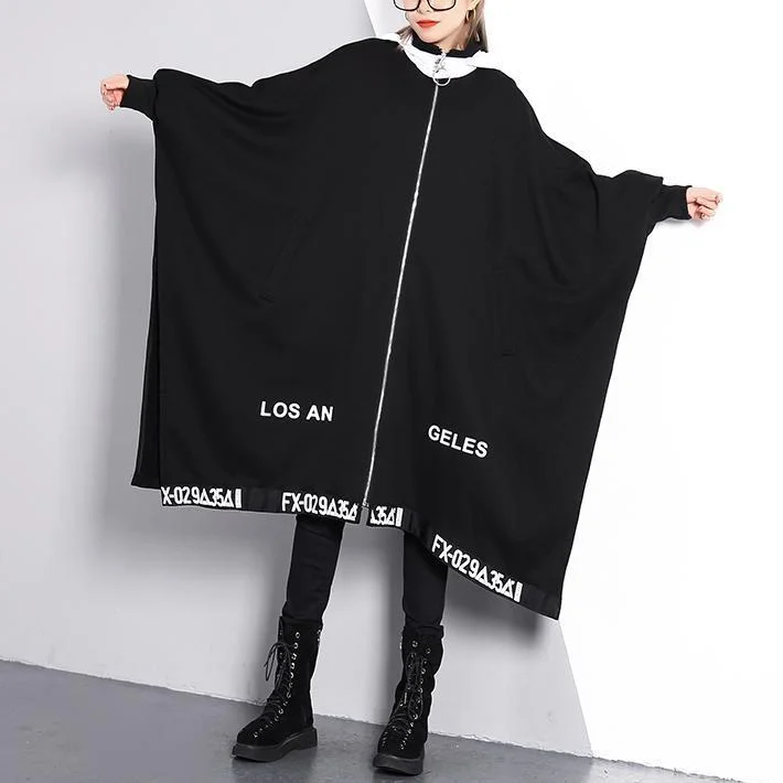 vintage black coat Loose fitting turn-down collar zippered long coat 2018 Batwing Sleeve asymmetric Coat Casual Open-Front Coat vintage black coat Loose fitting turn-down collar zippered long coat 2018 Batwing Sleeve asymmetric Coat Casual Open-Front Coat