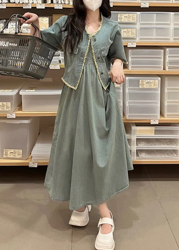 Vintage Denim Blue O-Neck Patchwork Coats And Long Dress Two Piece Set Short Sleeve Collared Pea Coat Vintage Denim Blue O-Neck Patchwork Coats And Long Dress Two Piece Set Short Sleeve Collared Pea Coat