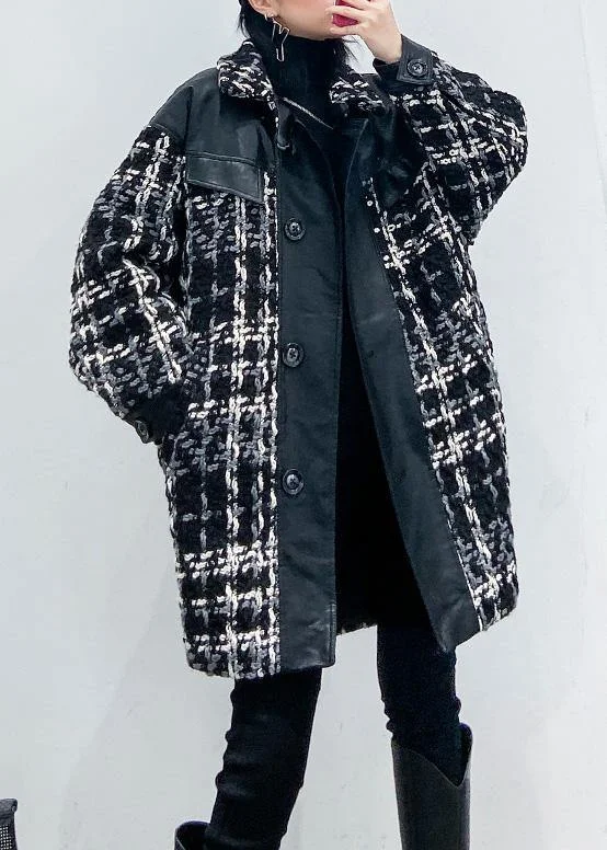 vintage Loose fitting Winter coat thick outwear plaid patchwork woolen coats Relaxed Utility Shacket