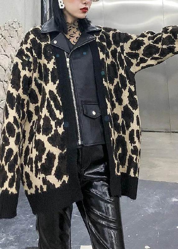 Winter patchwork knit outwear plus size clothing leopard false two pieces knit coats Chic Winter Coat