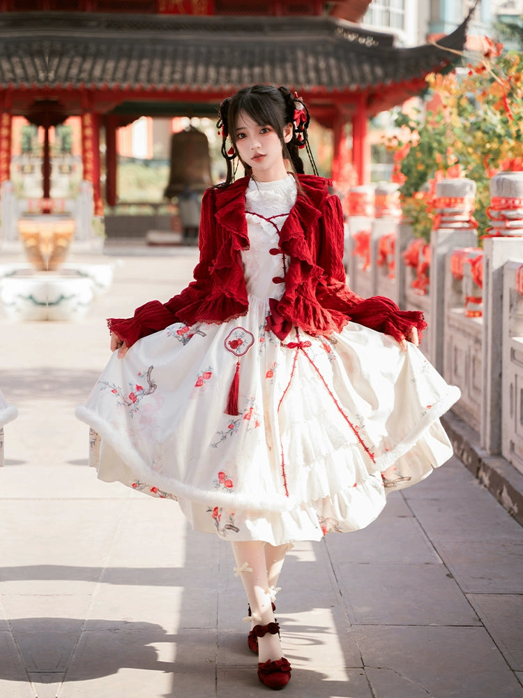 With PUJI~Pomegranate~Winter Chinese Style Lolita Knit Cardigan JSK Elasticated Padded Insulated With PUJI~Pomegranate~Winter Chinese Style Lolita Knit Cardigan JSK Elasticated Padded Insulated