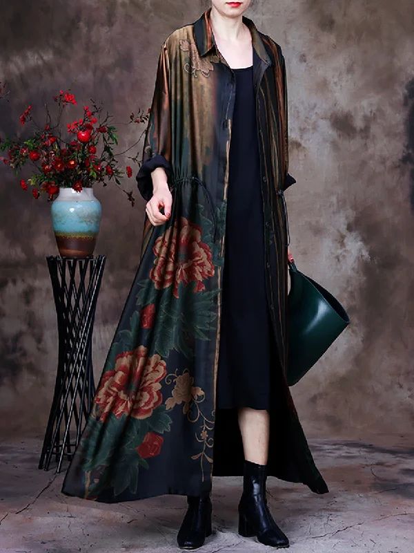 Plus Size Women Vintage Print Loose Long Coat Boho Fringe Cardigan