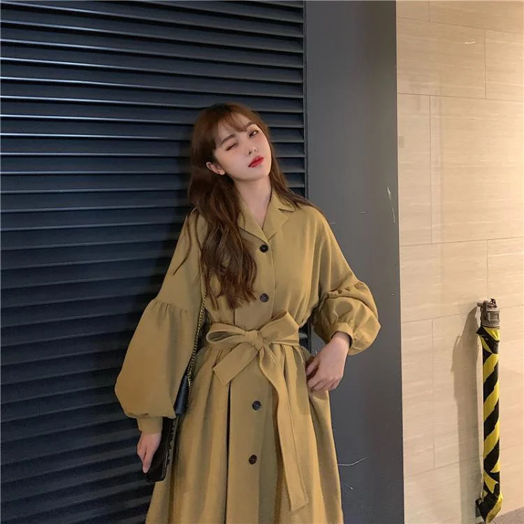 Women's Korean Fashion Puff Sleeved Single-breasted Strappy Long Coats Longline Wool Coat Women's Korean Fashion Puff Sleeved Single-breasted Strappy Long Coats Longline Wool Coat