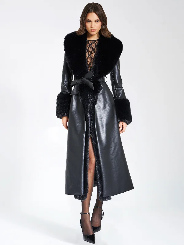 Zaida Black Faux Fur Trim Black Vegan Leather Coat Adjustable Waist Parka