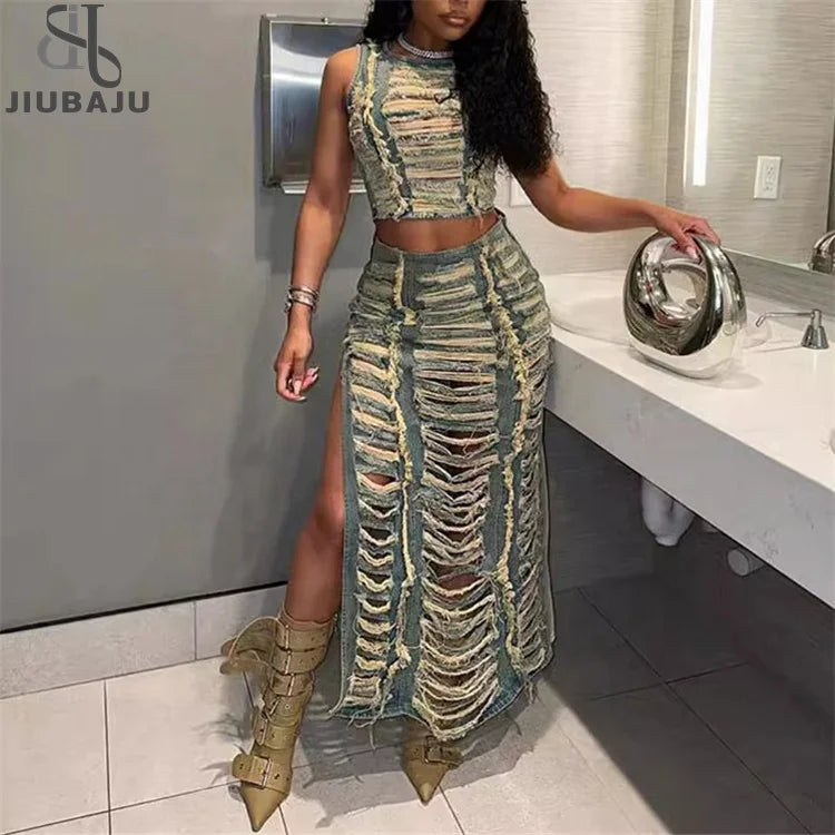 Ripped Denim Skirt Set Women Fashion Tank Top and Straight Tassel Jean Skirts Outfits soft pink tank Ripped Denim Skirt Set Women Fashion Tank Top and Straight Tassel Jean Skirts Outfits soft pink tank
