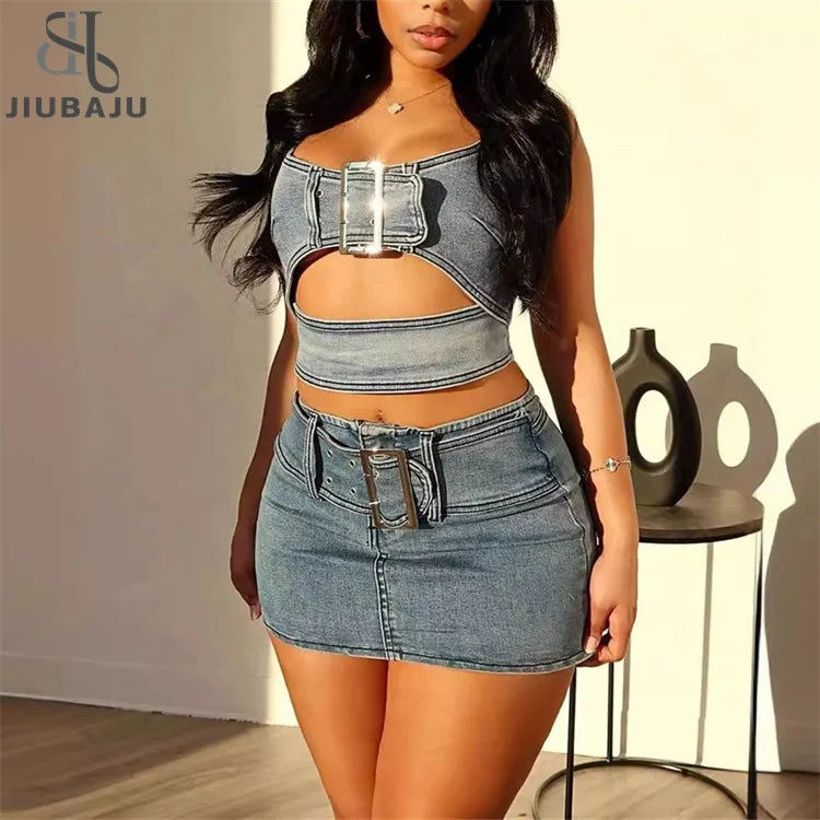 Women New Style Buckle Adjustable Tank Top and Skirt Stretch Denim Set baby blue tank Women New Style Buckle Adjustable Tank Top and Skirt Stretch Denim Set baby blue tank
