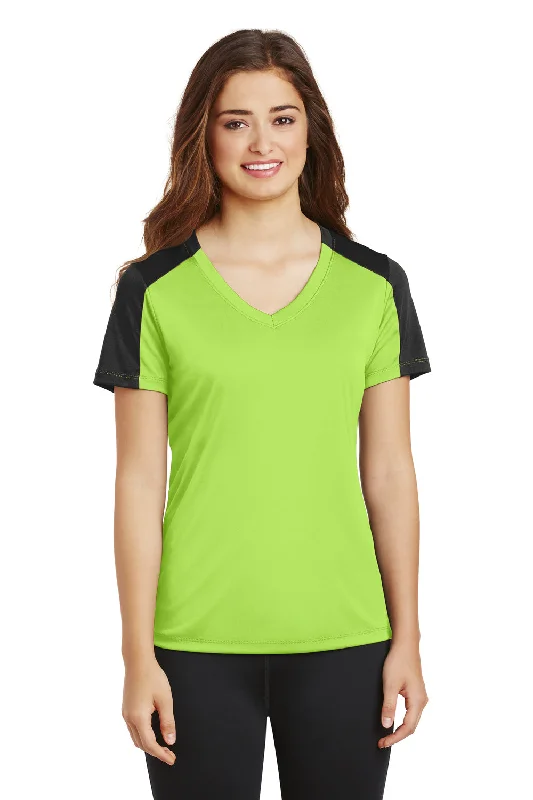 Sport-Tek Womens Competitor Moisture Wicking Short Sleeve V-Neck T-Shirt - Lime Shock Green/Black - Closeout