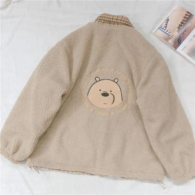 Bear embroidered lamb fur plaid coat